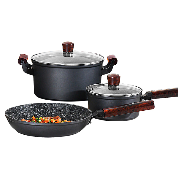 Aluminum cookware set wuth wooden handle